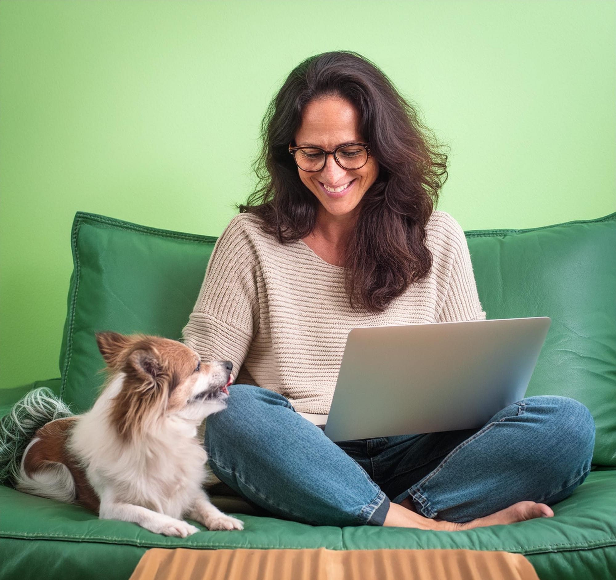 Firefly Woman in her 35s sitting on the sofa with a notebook on her lap seeing it, an expression of .jpg